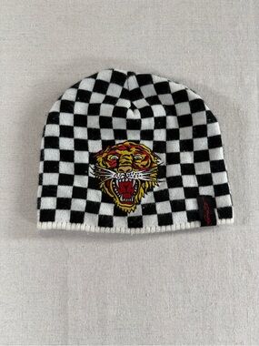Y2K Ed Hardy Checkered Embroidered Beanie Hat Ed Hardy Tiger Embroidery Hat